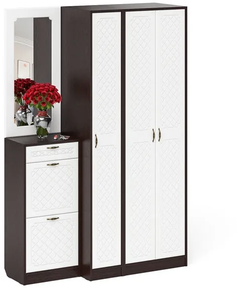 Прихожая П-6 Компоновка № 49, цвет венге/фасады МДФ белое дерево фрезеровка ромб, ШхГхВ 140х50х210 см., универсальная сборка