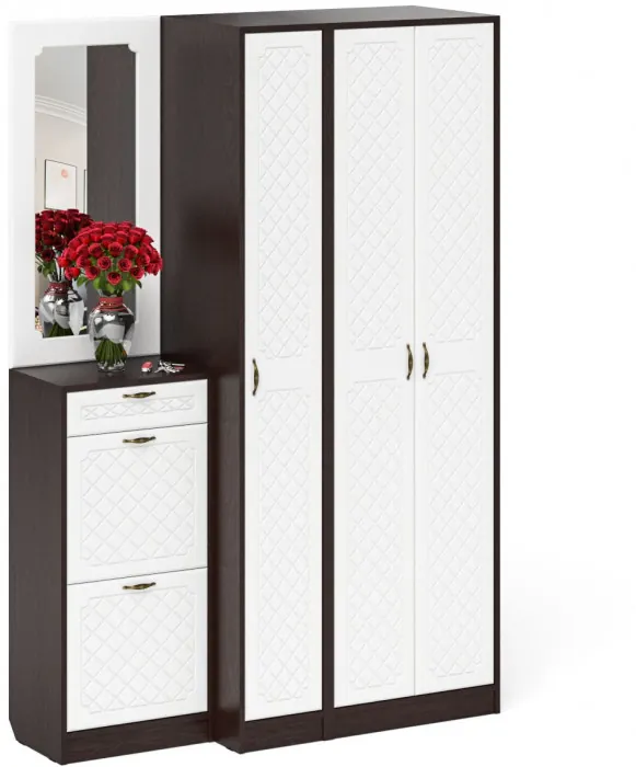 Прихожая П-6 Компоновка № 49, цвет венге/фасады МДФ белое дерево фрезеровка ромб, ШхГхВ 140х50х210 см., универсальная сборка
