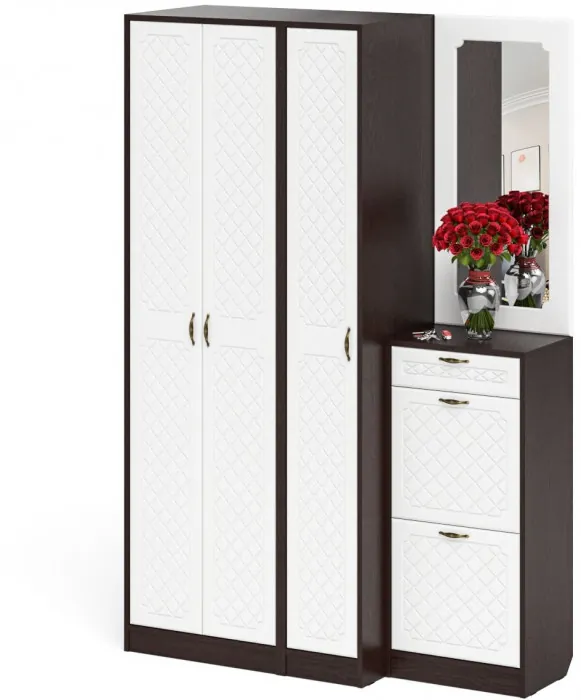 Прихожая П-6 Компоновка № 49, цвет венге/фасады МДФ белое дерево фрезеровка ромб, ШхГхВ 140х50х210 см., универсальная сборка