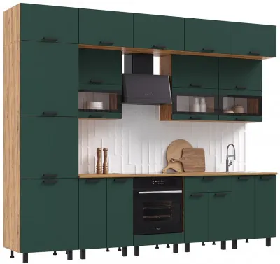 Кухня Техно 3,0/1080м Компоновка №2, Крафт золотой/Браш мени грин