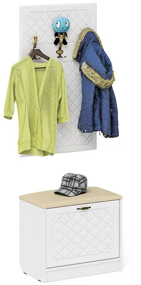 Прихожая П-6 Тумба + Вешалка, цвет белая шагрень/фасады МДФ белое дерево фрезеровка ромб, ШхГхВ 60х35х200 см.