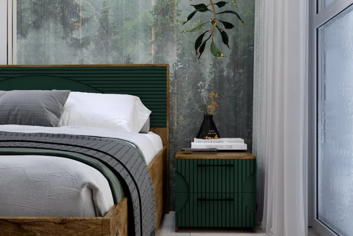 Тумба прикроватная "Монтале" - Дуб канзас/Зеленый матовый