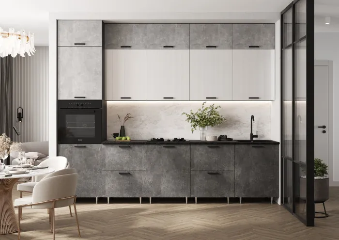 Кухня Рио NEW ЛДСП 3,0м/1080м (490) Компановка №3, Бетон светлый/Бетон темный/Белый глянец, Графит
