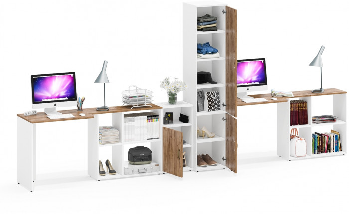 Лидер-8 Стол + Стол + Пенал МД 22Б + Тумба МД 3.19, цвет белый шагрень/крафт золото, ШхГхВ 410х50/37,5х75/190 или 230х160/50х75/190 см., НЕ ун. сб.