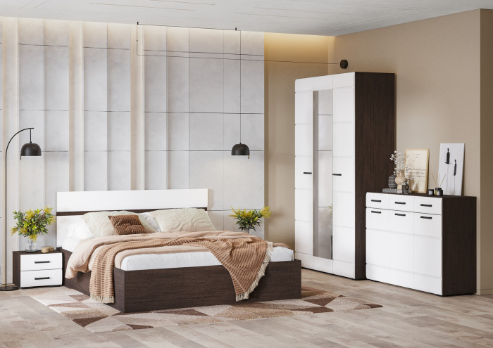 ЛИБЕРТИ КР 02 Кровать 1,6 (1632х900х2032) Фасад МДФ БЕЛЫЙ ГЛЯНЕЦ/Корпус ВЕНГЕ