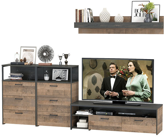 Трувор 13.70 Тумба под ТВ + 13.307.02 Комод + 13.307.02 Комод + 15.60 Полка, цвет дуб гранж песочный/интра, ШхГхВ 281,8х45,4х195 см., универс. сборка