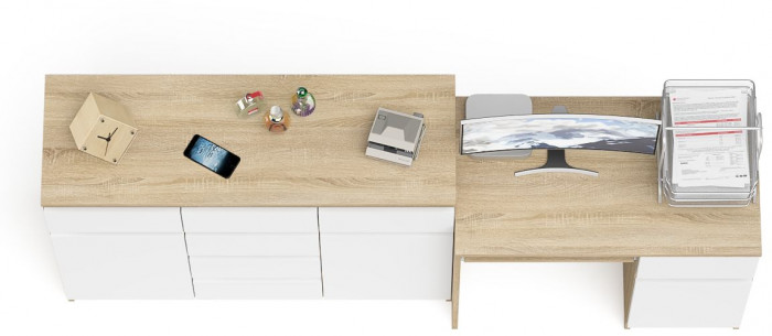 Мори компьютерный стол МС-1 правый + Комод МК1200.4, дуб сонома/белый