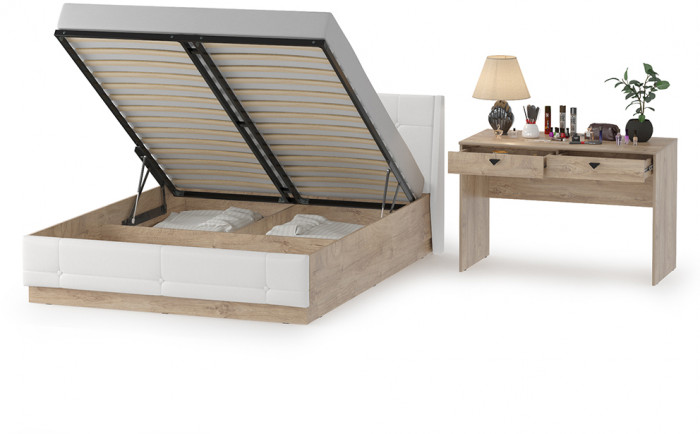 Муссон Кровать 11.28 + подъёмный ортопед + Бостон 12.69, цвет дуб эндгрейн элегантный/искусственная кожа белая, сп. м. 1600х2000 мм., б/м