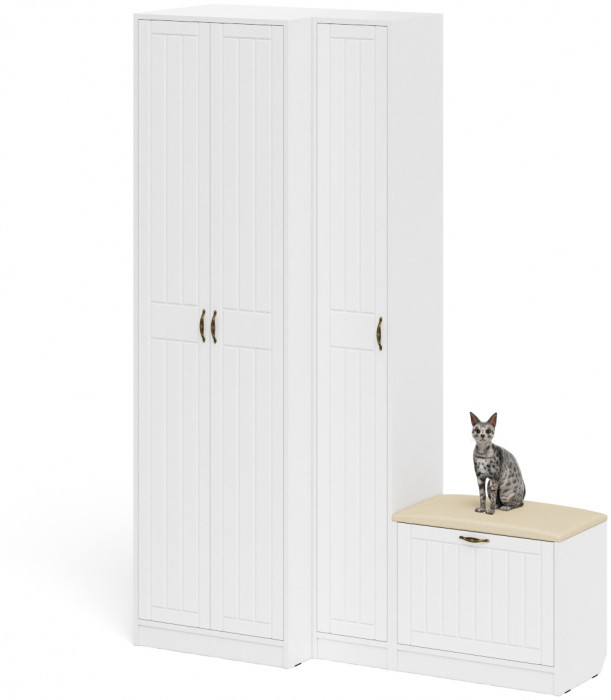 Прихожая П-6 Компоновка № 25, цвет белая шагрень/фасады МДФ белое дерево фрезеровка прованс, ШхГхВ 150х50х210 см., универсальная сборка