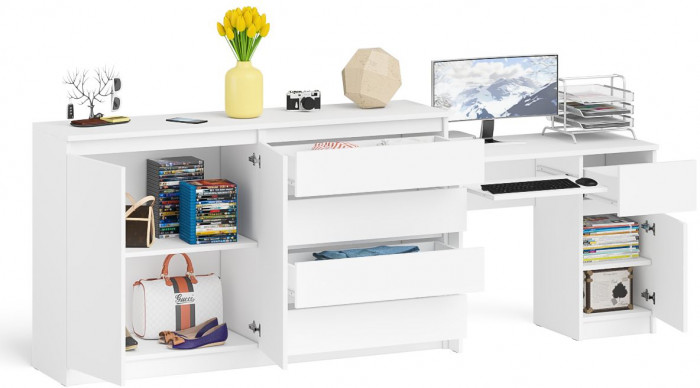 Мори Стол компьютерный МС-1 правый + Комод МК1600.1, цвет белый, ШхГхВ 250,4х50х94 см., выдвижной ящик справа, НЕ универсальная сборка