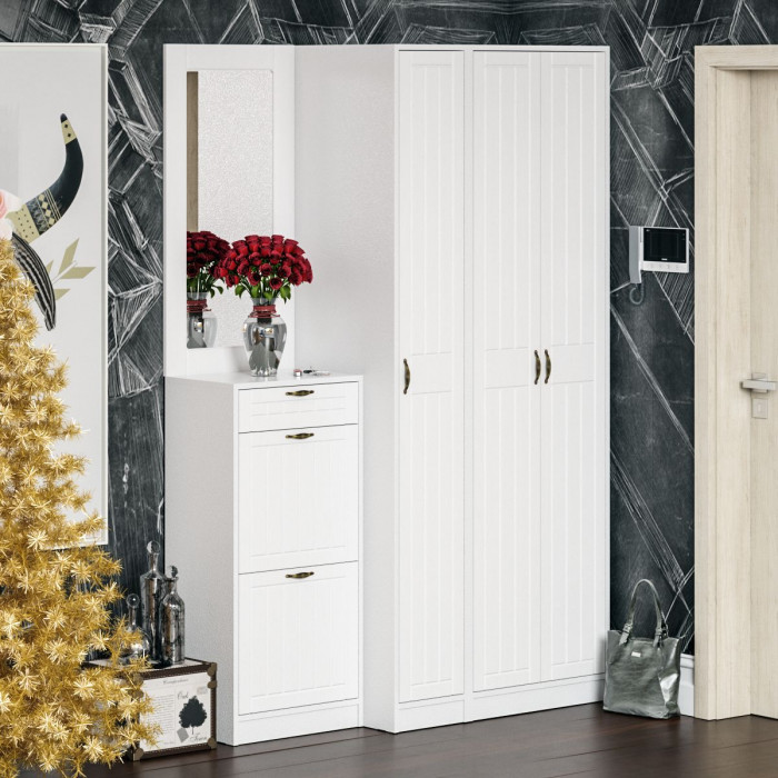 Прихожая П-6 Компоновка № 49, цвет белая шагрень/фасады МДФ белое дерево фрезеровка прованс, ШхГхВ 140х50х210 см., универсальная сборка