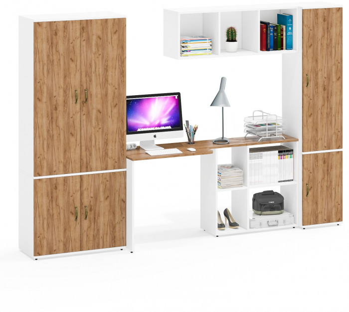 Лидер-8 Шкаф МД 20Б + Стол + Полка + Пенал 21Б, цвет белый шагрень/крафт золото, ШхГхВ 285х50/37,5х75/190 или 195х120х75/190 см., НЕ ун.сб.