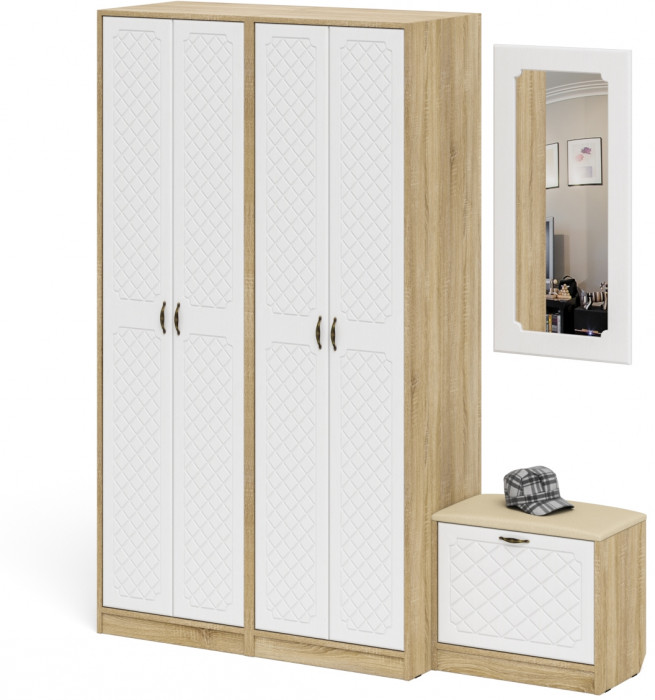 Прихожая П-6 Компоновка № 08, цвет дуб сонома/фасады МДФ белое дерево фрезеровка ромб, ШхГхВ 180х50х210 см., универсальная сборка