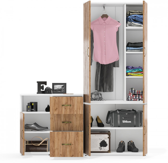 Лидер-8 Шкаф МД 20Б + Тумба МД 3.16 + Тумба МД 3.19, цвет белый шагрень/крафт золото, ШхГхВ 160х50х190 см., НЕ универсальная сборка