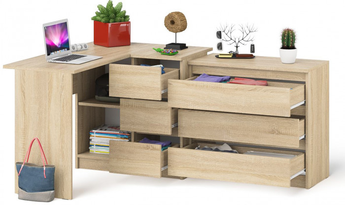 Мори Стол компьютерный МС-16 правый + Комод МК800.1, цвет дуб сонома, ШхГхВ 204,8х84,9х76,6 см., выдвижные ящики справа, НЕ универсальная сборка