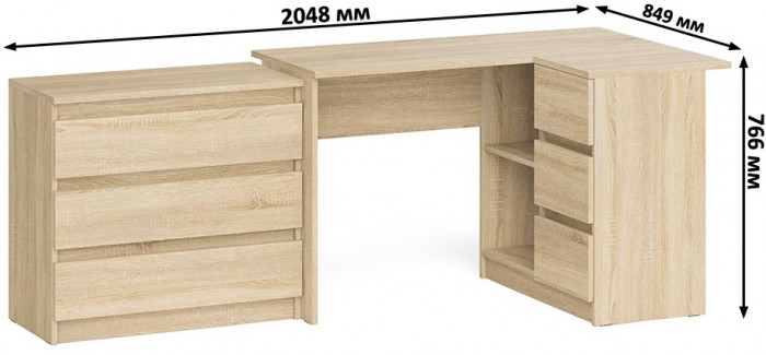 Мори Стол компьютерный МС-16 правый + Комод МК800.1, цвет дуб сонома, ШхГхВ 204,8х84,9х76,6 см., выдвижные ящики справа, НЕ универсальная сборка