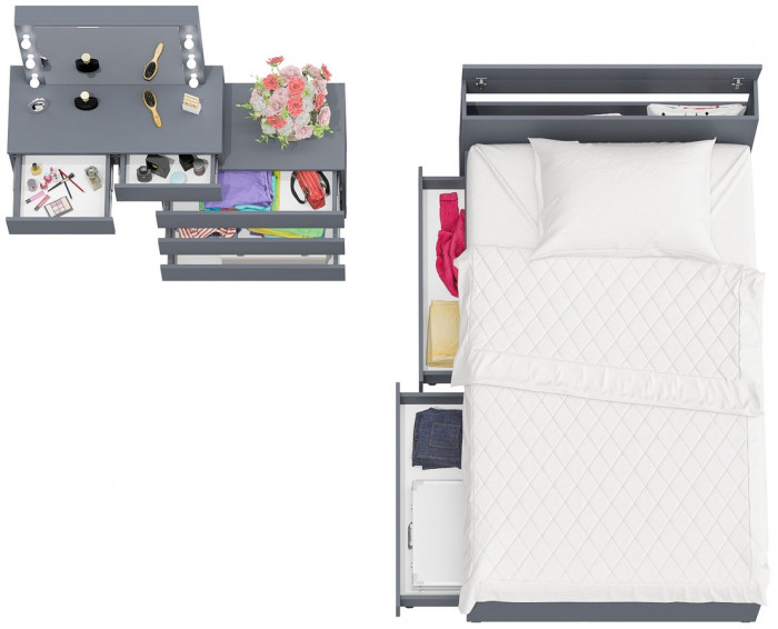 Ксения Кровать с ящиками 1200 + Стол косметический с подсветкой 110, графит