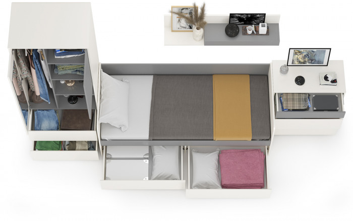 Торонто Компоновка № 19, цвет белый шагрень/стальной серый, ШхГхВ 354х84,4х195,7 см., сп. м. 800х1900 мм., б/м, основание есть, универсальная сборка