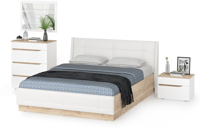 Муссон Кровать 11.28 + подъёмный ортопед + Тумба 16.03 + Комод 13.97 + Зеркало СВК, цвет белый/дуб эндгрейн элегантный/кожзам белый, 1600х2000 мм, б/м