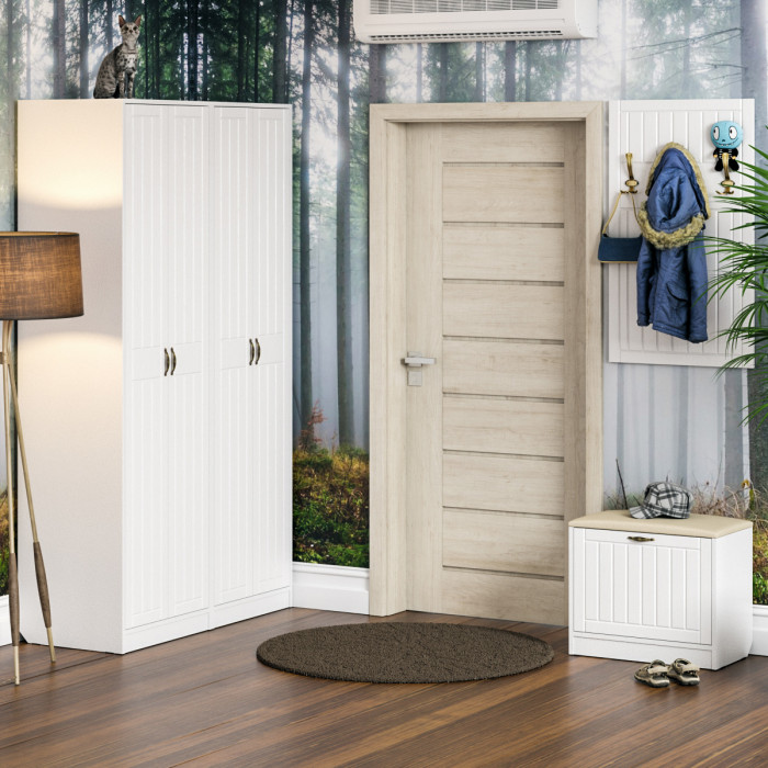 Прихожая П-6 Компоновка № 09, цвет белая шагрень/фасады МДФ белое дерево фрезеровка прованс, ШхГхВ 180х50х210 см., универсальная сборка