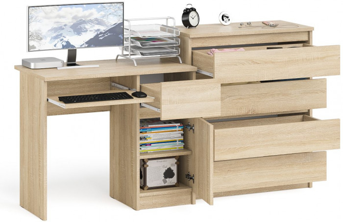 Мори Стол компьютерный МС-1 правый + Комод МК800.4, цвет дуб сонома, ШхГхВ 170,4х50х94 см., выдвижной ящик справа, НЕ универсальная сборка