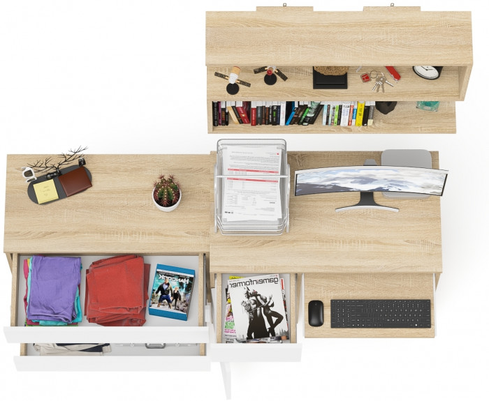 Мори Стол компьютерный МС-1 левый + Комод МК800.1 + Полка 900, цвет дуб сонома/белый, ШхГхВ 170,4х50х209,6 см., НЕ универсальная сборка