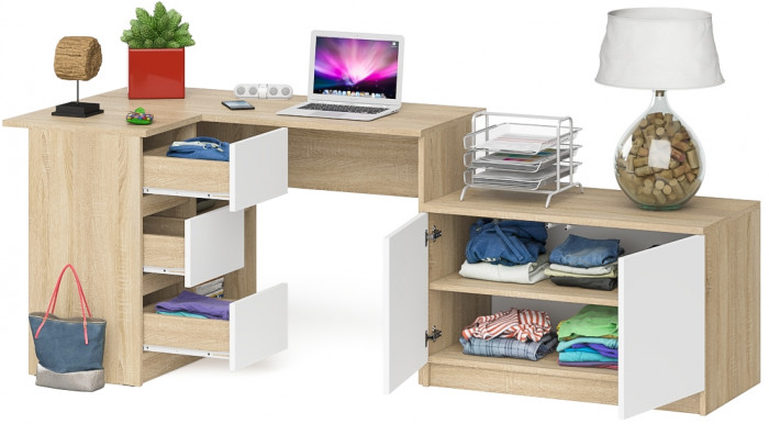 Мори Стол компьютерный МС-16 левый + Тумба МА900.1, цвет дуб сонома/белый, ШхГхВ 214,8х84,9х76,6 см., выдвижные ящики слева, НЕ универсальная сборка