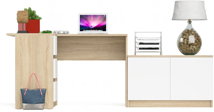 Мори Стол компьютерный МС-16 левый + Тумба МА900.1, цвет дуб сонома/белый, ШхГхВ 214,8х84,9х76,6 см., выдвижные ящики слева, НЕ универсальная сборка