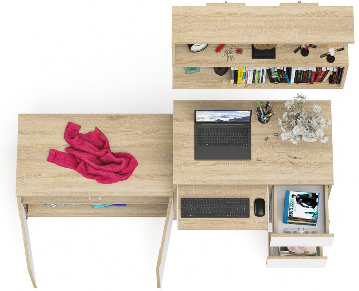 Мори Стол компьютерный МС-6 правый + Тумба МА900.1 + Полка 900, цвет дуб сонома/белый, ШхГхВ 180,4х50,4х209,6 см., НЕ универсальная сборка