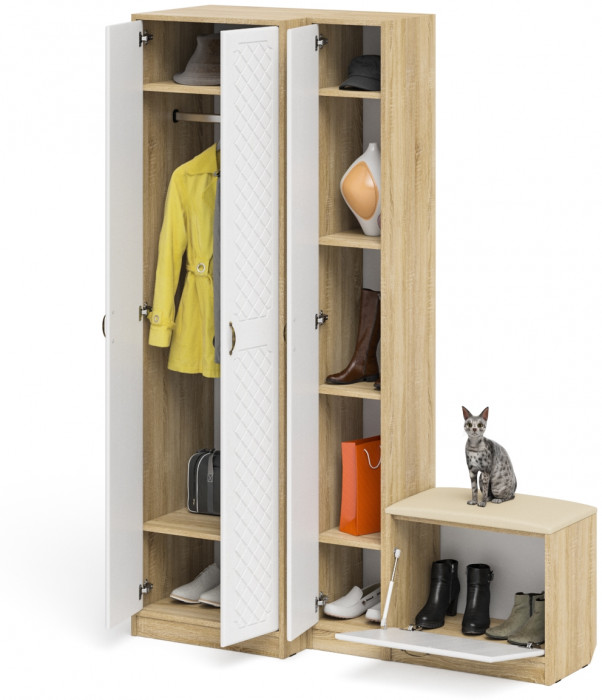 Прихожая П-6 Компоновка № 25, цвет дуб сонома/фасады МДФ белое дерево фрезеровка ромб, ШхГхВ 150х50х210 см., универсальная сборка