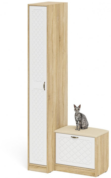 Прихожая П-6 Компоновка № 39, цвет дуб сонома/фасады МДФ белое дерево фрезеровка ромб, ШхГхВ 90х50х210 см., универсальная сборка