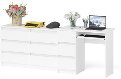 Мори Стол компьютерный МС-6 левый + Комод МК1200.6, цвет белый, ШхГхВ 210,4х50х76,6 см., выдвижные ящики слева, НЕ универсальная сборка