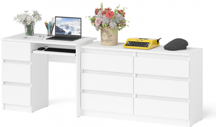 Мори Стол компьютерный МС-6 левый + Комод МК1200.6, цвет белый, ШхГхВ 210,4х50х76,6 см., выдвижные ящики слева, НЕ универсальная сборка