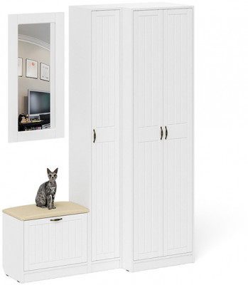 Прихожая П-6 Компоновка № 26, цвет белая шагрень/фасады МДФ белое дерево фрезеровка прованс, ШхГхВ 150х50х210 см., универсальная сборка