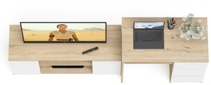 Мори компьютерный стол МС-6 правый + Тумба МТВ1200.1, дуб сонома/белый