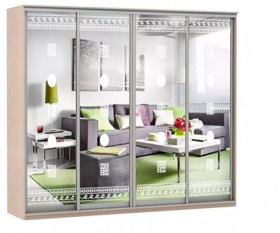 Шкаф купе Модерн 2362х600 4-х дверный 4-х секционный зеркальный с пескоструем №2 ясень
