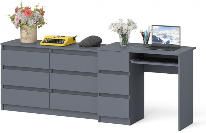 Мори Стол компьютерный МС-6 левый + Комод МК1200.6, цвет графит, ШхГхВ 210,4х50х76,6 см., выдвижные ящики слева, НЕ универсальная сборка