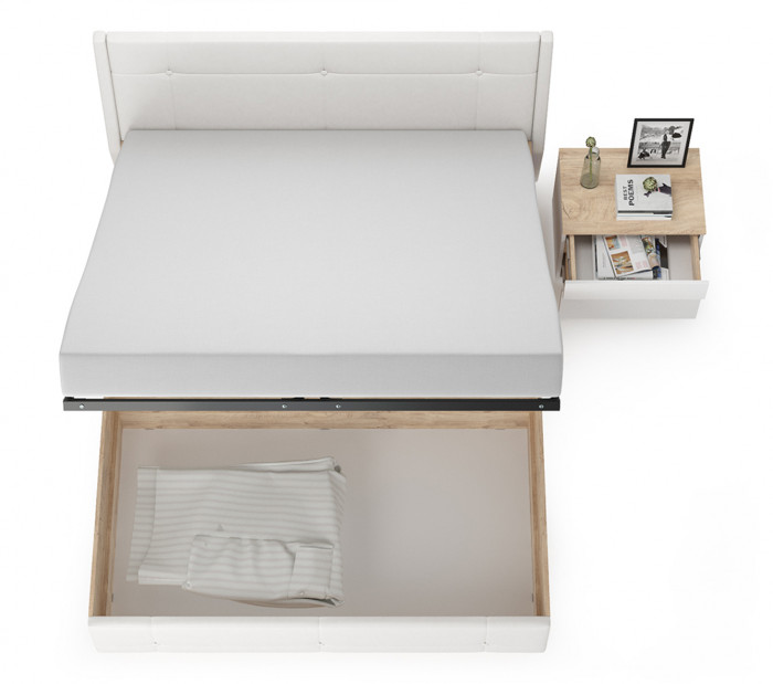 Муссон Кровать 11.28 + подъёмный ортопед + Тумба 16.03, цвет белый/дуб эндгрейн элегантный/кожзам белый, сп. м. 1600х2000 мм., б/м