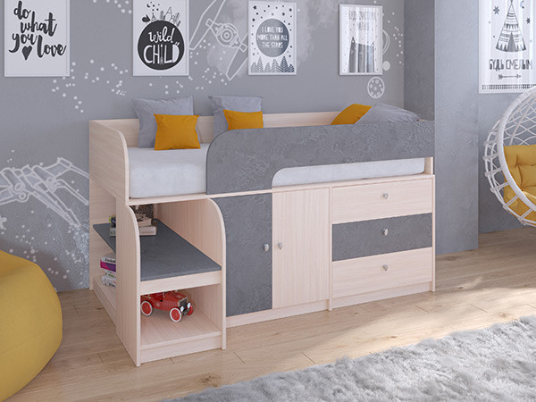 Кровать чердак Астра 9 V1 Дуб молочный/Железный Камень