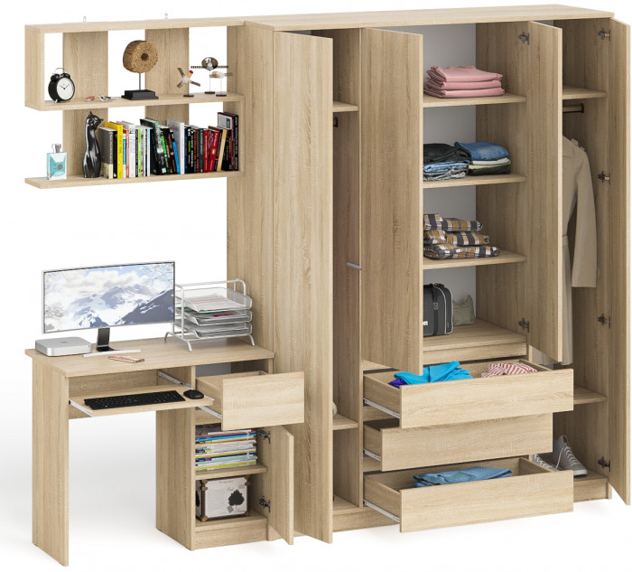 Мори Стол компьютерный МС-1 правый + Шкаф МШ1600.1 + Полка 900, цвет дуб сонома, ШхГхВ 250,4х50,4х209,6 см., НЕ универсальная сборка