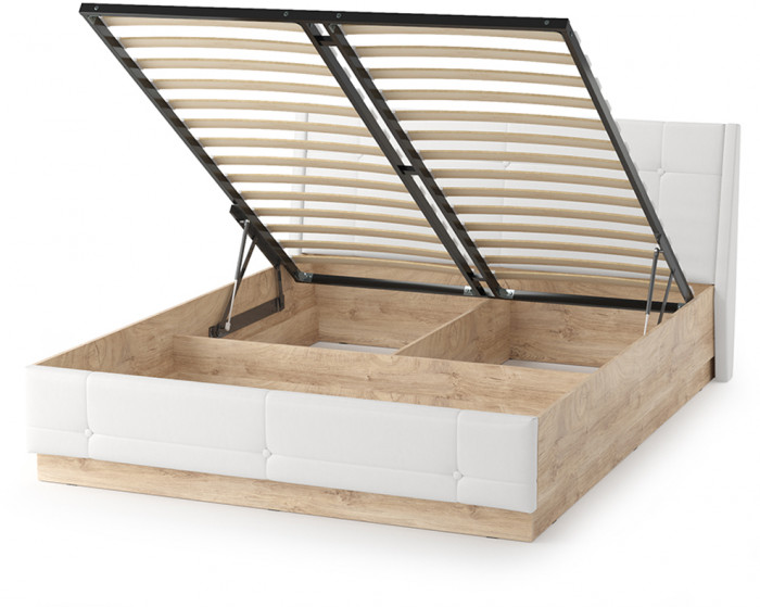 Муссон Кровать 11.28 + подъёмный ортопед, цвет дуб эндгрейн элегантный/искусственная кожа белая, ШхГхВ 177,2х224х95,3 см., сп. м. 1600х2000 мм., б/м