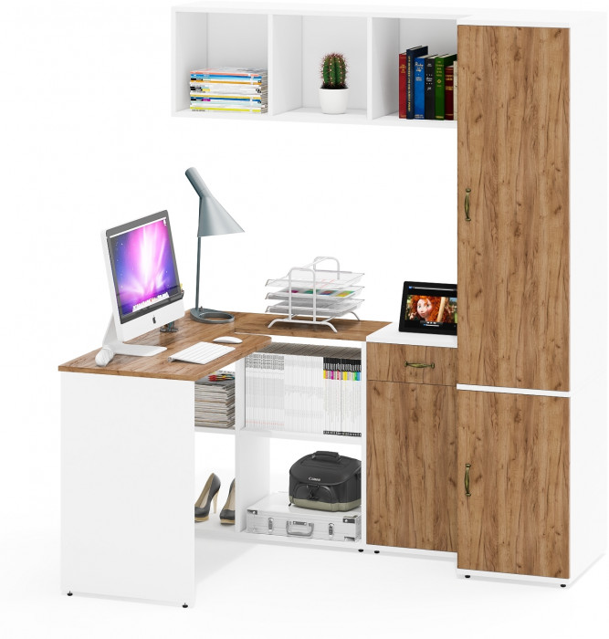 Лидер-8 Стол + Полка + Тумба МД 3.15 + Пенал МД 23Б, цвет белый шагрень/крафт золото, ШхГхВ 245х50/37,5х75/190 или 115х160/50х75/190 см., НЕ ун. сб.