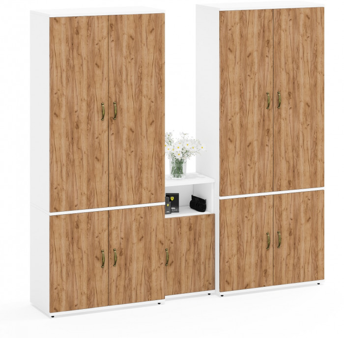 Лидер-8 Шкаф МД 20Б + Шкаф МД 20Б + Тумба МД 3.19, цвет белый шагрень/крафт золото, ШхГхВ 200х37,5х190 см., НЕ универсальная сборка