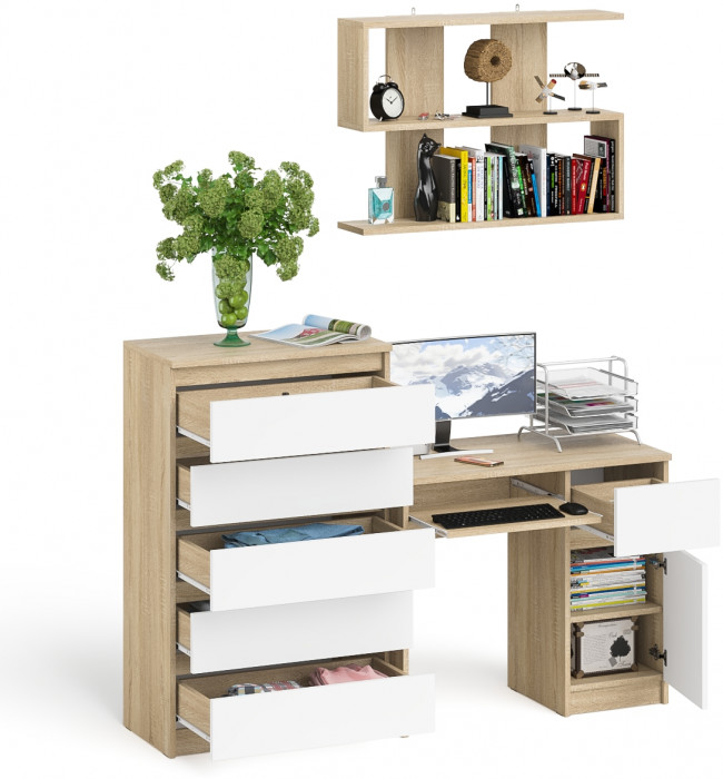 Мори Стол компьютерный МС-1 правый + Комод МК700.5 + Полка 900, цвет дуб сонома/белый, ШхГхВ 160,4х50х209,6 см., НЕ универсальная сборка