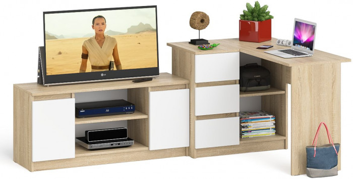 Мори Стол компьютерный МС-16 левый + Тумба МТВ1200.1, цвет дуб сонома/белый, ШхГхВ 244,8х84,9х76,6 см., выдвижные ящики слев, НЕ универсальная сборкаа