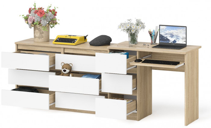 Мори Стол компьютерный МС-6 левый + Комод МК1200.6, цвет дуб сонома/белый, ШхГхВ 210,4х50х76,6 см., выдвижные ящики слева, НЕ универсальная сборка