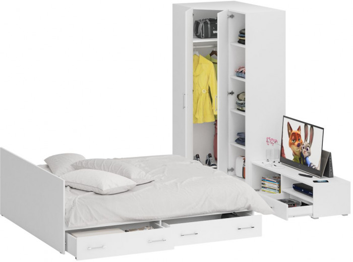 Спальня Стандарт 4-1800Я, белый/фасады ТВ тумбы МДФ белый глянец