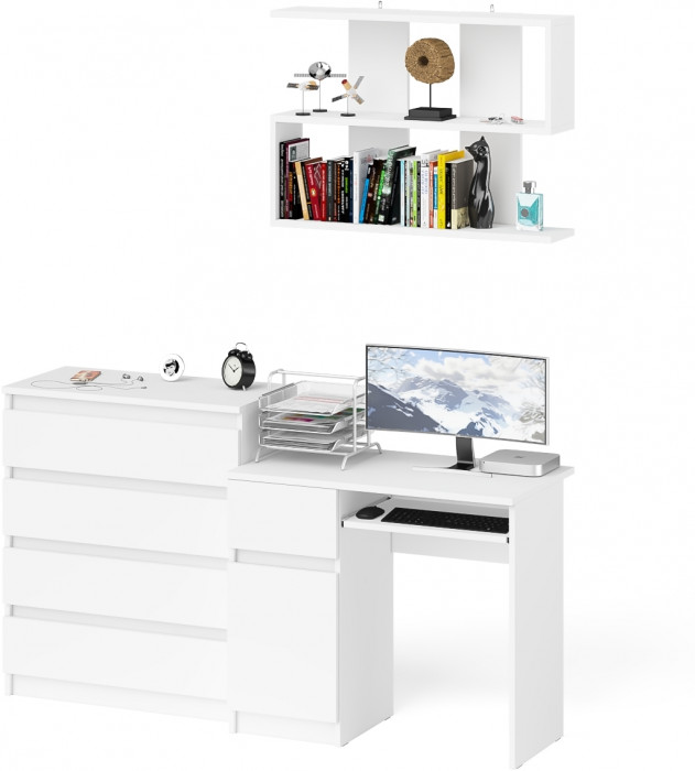 Мори Стол компьютерный МС-1 левый + Комод МК800.4 + Полка 900, цвет белый, ШхГхВ 170,4х50х209,6 см., НЕ универсальная сборка