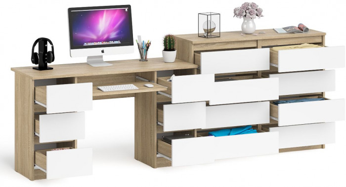 Мори компьютерный стол МС-2 + Комод МК1200.8, дуб сонома/белый