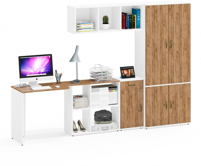 Лидер-8 Стол + Полка + Тумба МД 3.15 + Шкаф МД 20Б, цвет белый шагрень/крафт золото, ШхГхВ 285х50/37,5х75/190 или 115х200/50х75/190 см., НЕ ун. сб.